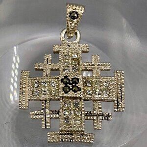 Jerusalem Crusader Cross Pendant Sterling Silver Black Stone Clear Crystals